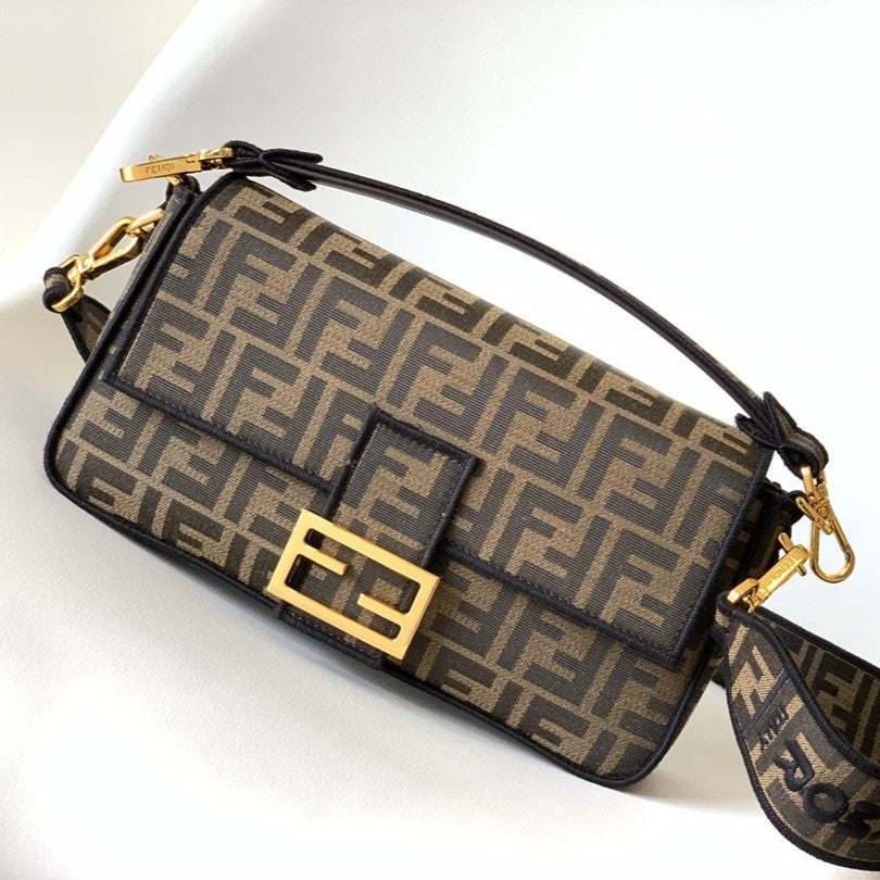 FENDI Fend Baguette 27 Brown FF Jacquard Fabric Bag Ghw