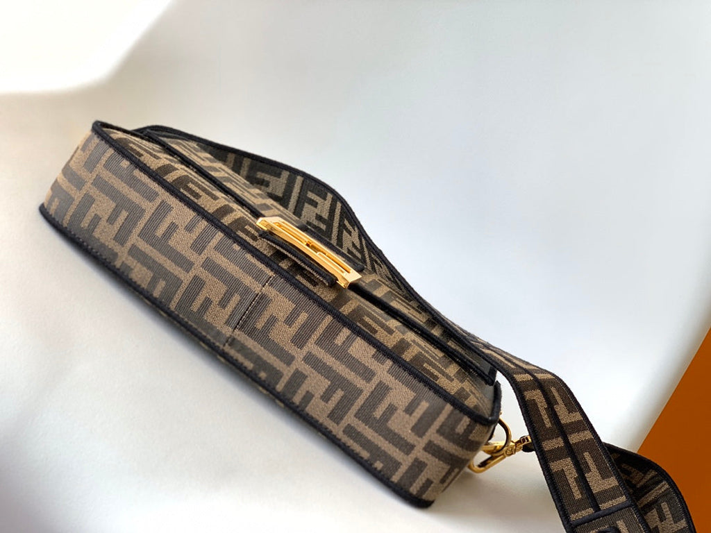 FENDI Fend Baguette 27 Brown FF Jacquard Fabric Bag Ghw