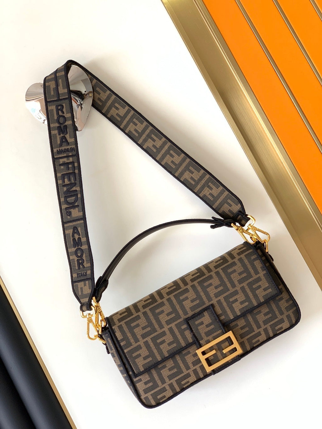FENDI Fend Baguette 27 Brown FF Jacquard Fabric Bag Ghw