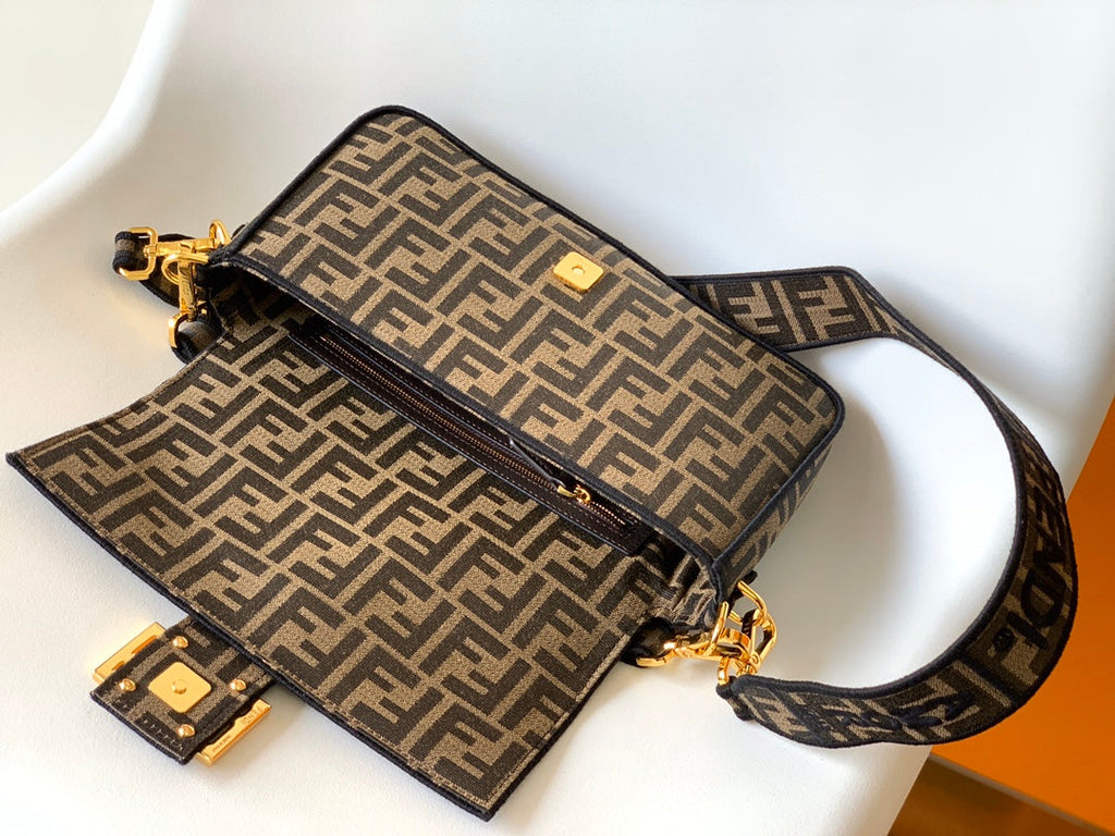FENDI Fend Baguette 27 Brown FF Jacquard Fabric Bag Ghw