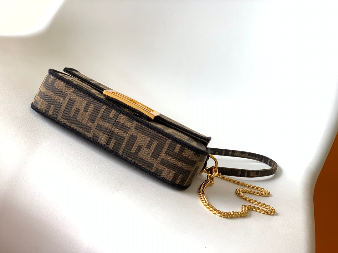 FENDI Fend Baguette 20 Brown FF Jacquard Fabric Bag Ghw