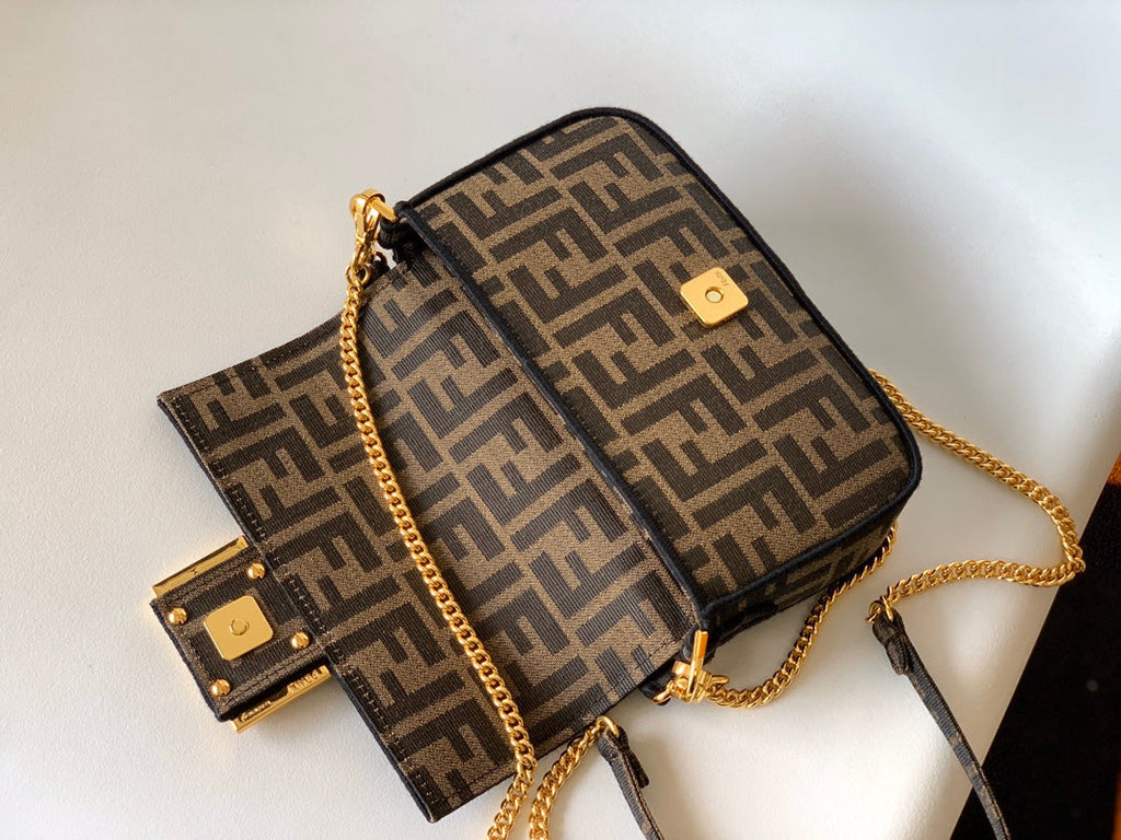 FENDI Fend Baguette 20 Brown FF Jacquard Fabric Bag Ghw