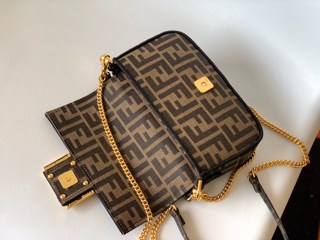 FENDI Fend Baguette 20 Brown FF Jacquard Fabric Bag Ghw