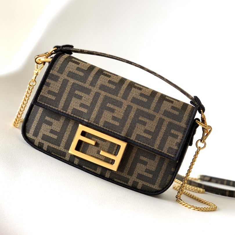 FENDI Fend Baguette 20 Brown FF Jacquard Fabric Bag Ghw