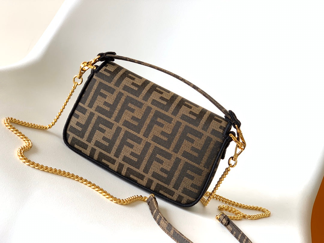 FENDI Fend Baguette 20 Brown FF Jacquard Fabric Bag Ghw