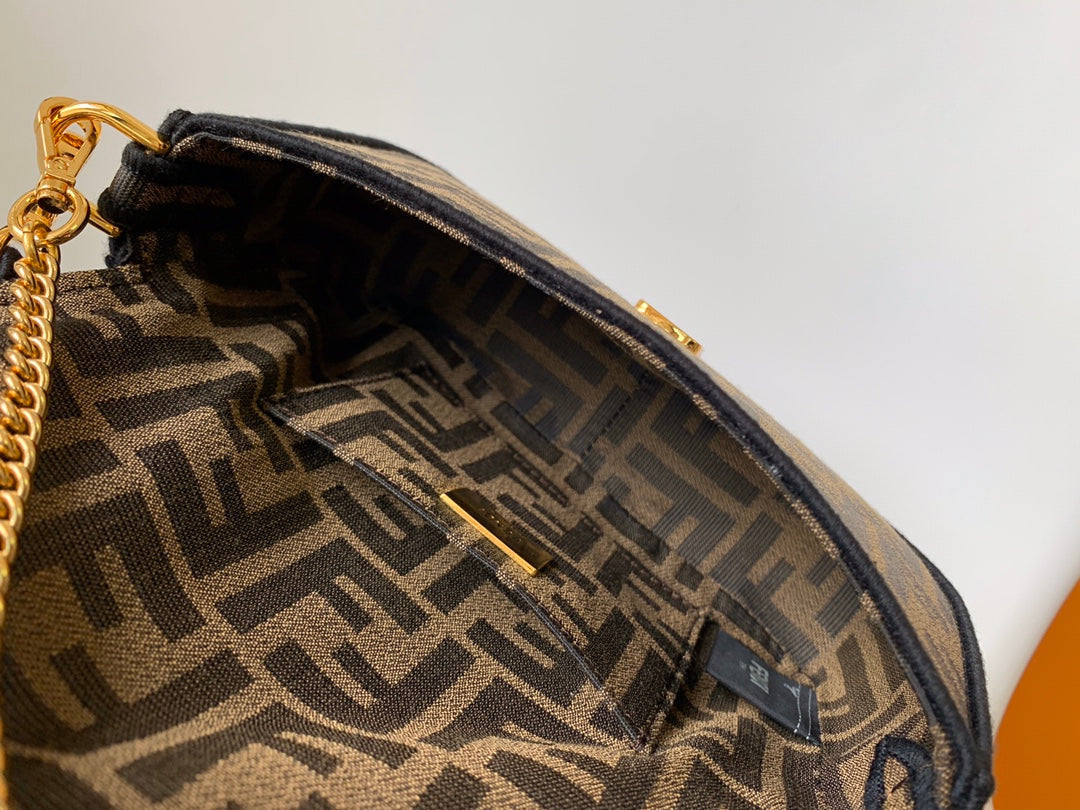 FENDI Fend Baguette 20 Brown FF Jacquard Fabric Bag Ghw