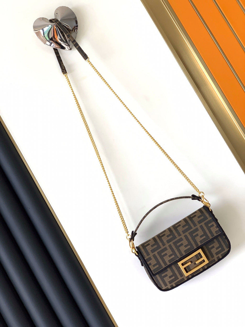 FENDI Fend Baguette 20 Brown FF Jacquard Fabric Bag Ghw