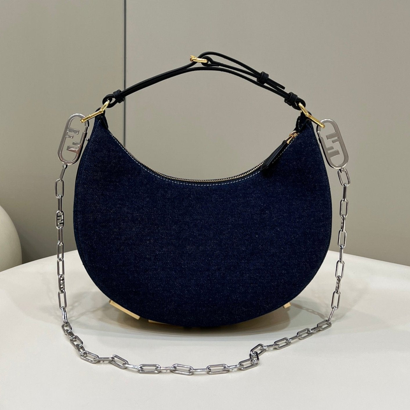 FENDI FENDIGRAPHY 29 BAG IN NAVY BLUE DENIM FABRIC WITH GOLD HARDWARE