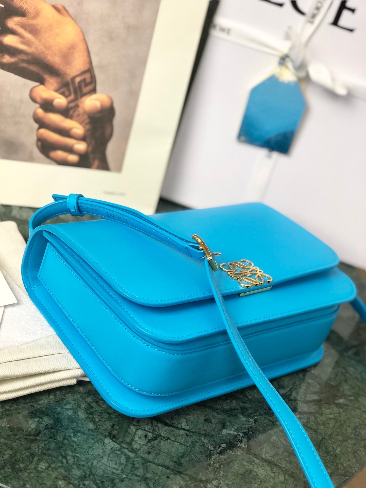 LOEWE LOE GOYA BAG 18 IN COBALT BLUE SILK CALFSKIN