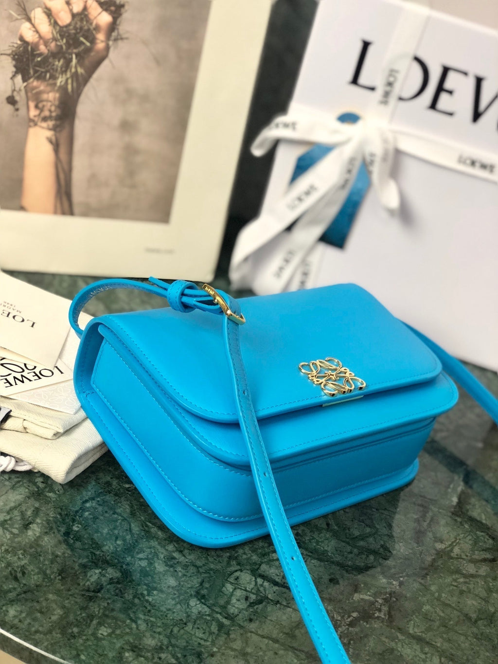 LOEWE LOE GOYA BAG 18 IN COBALT BLUE SILK CALFSKIN