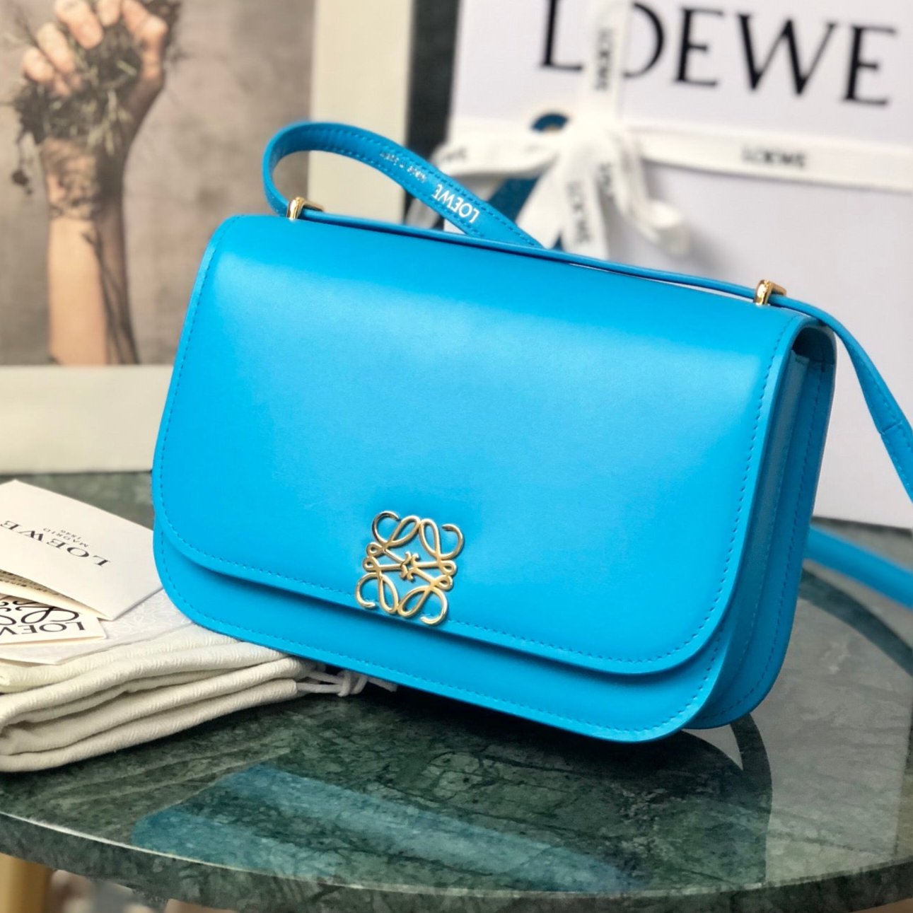 LOEWE LOE GOYA BAG 18 IN COBALT BLUE SILK CALFSKIN