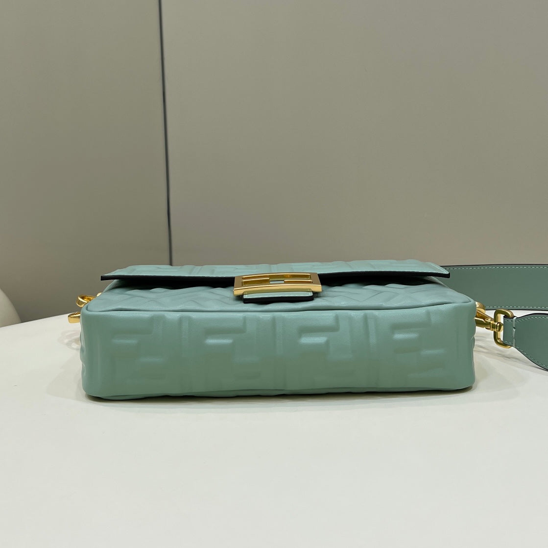 FENDI BAGUETTE WITH FF MOTIF 27 IN VIRIDIAN GREEN SOFT LAMBSKIN GOLD HARDWARE