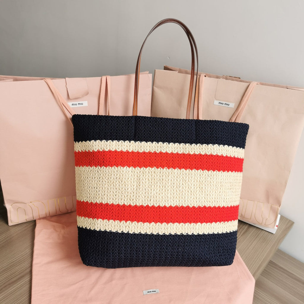 MIU MIU TOTE BAG 40 IN STRIPED PATTERN OF BLACK RED AND CREAM WHITE WOVEN RAFFIA