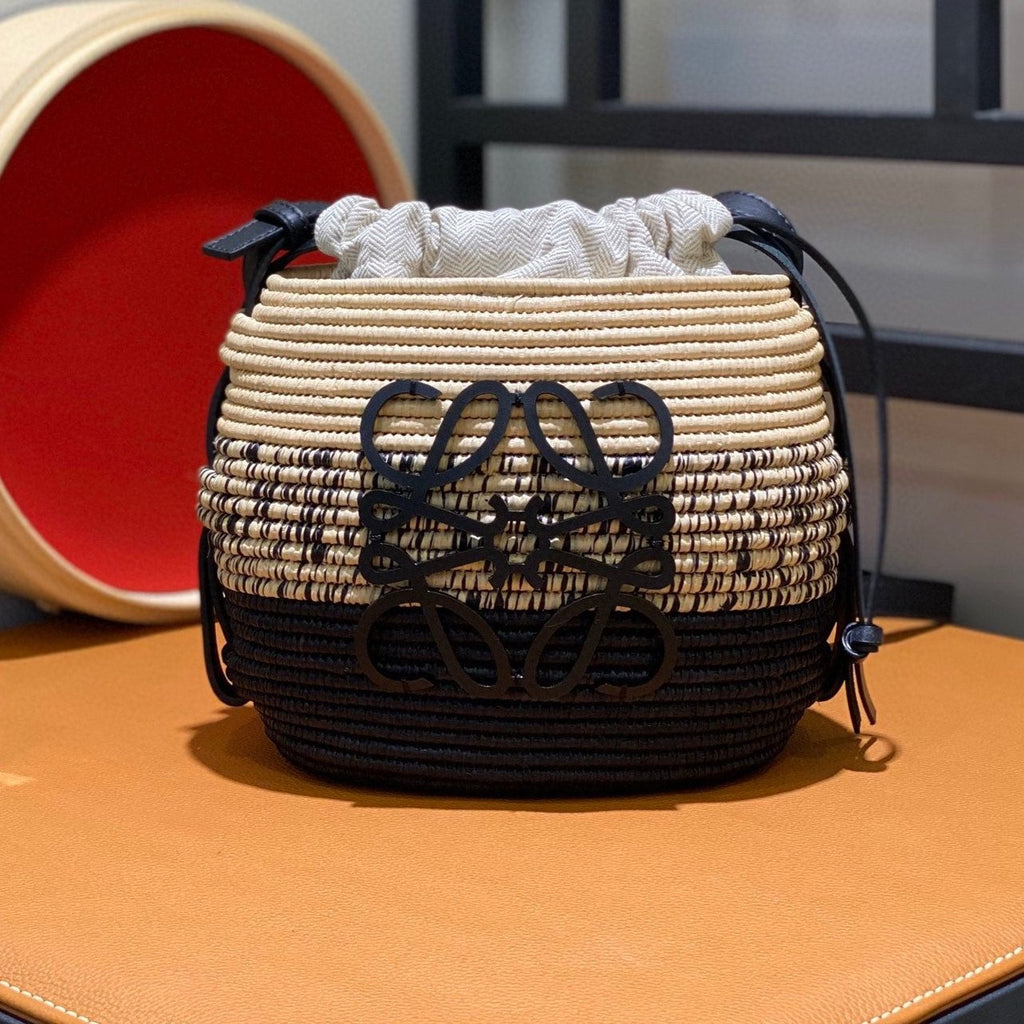 LOEWE LOE 18 ANAGRAM BASKET BAG IN BLACK AND NATURAL RAFFIA