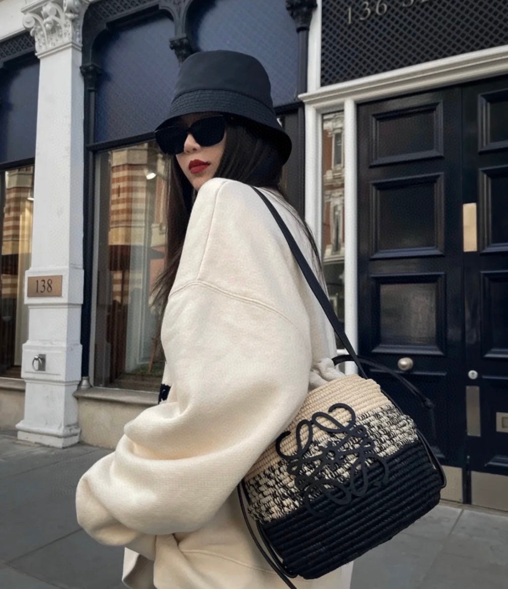 LOEWE LOE 18 ANAGRAM BASKET BAG IN BLACK AND NATURAL RAFFIA