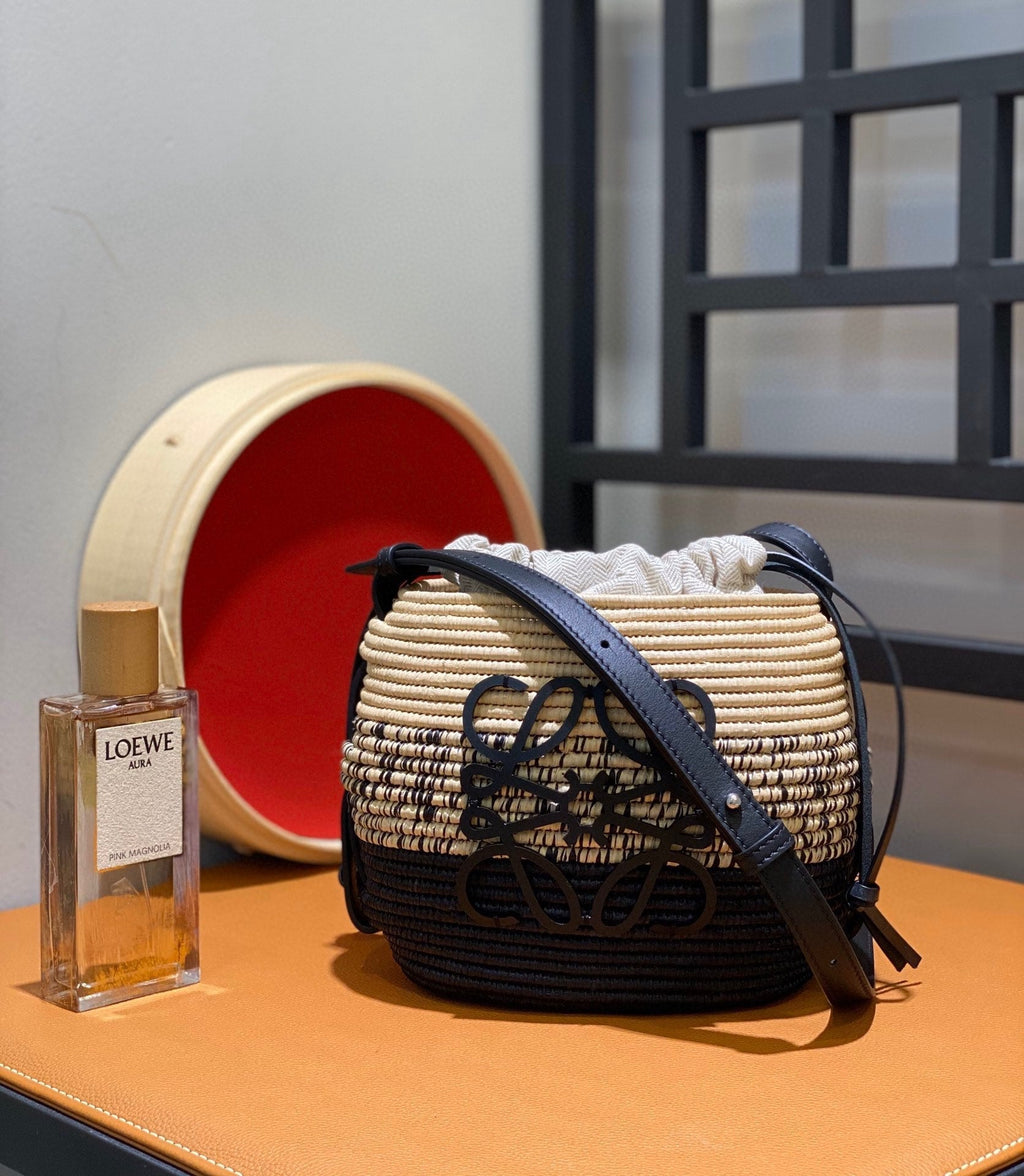 LOEWE LOE 18 ANAGRAM BASKET BAG IN BLACK AND NATURAL RAFFIA