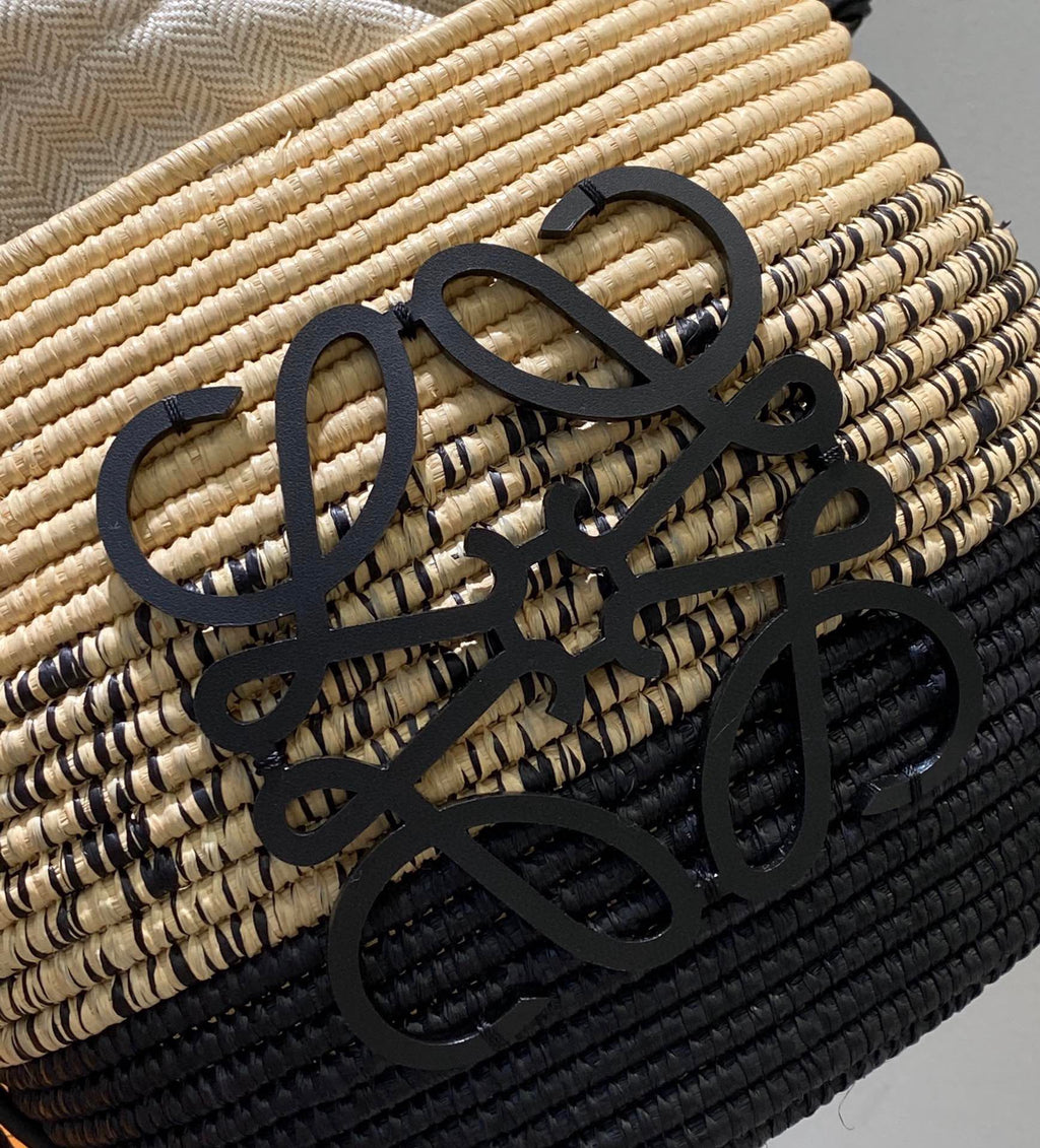 LOEWE LOE 18 ANAGRAM BASKET BAG IN BLACK AND NATURAL RAFFIA