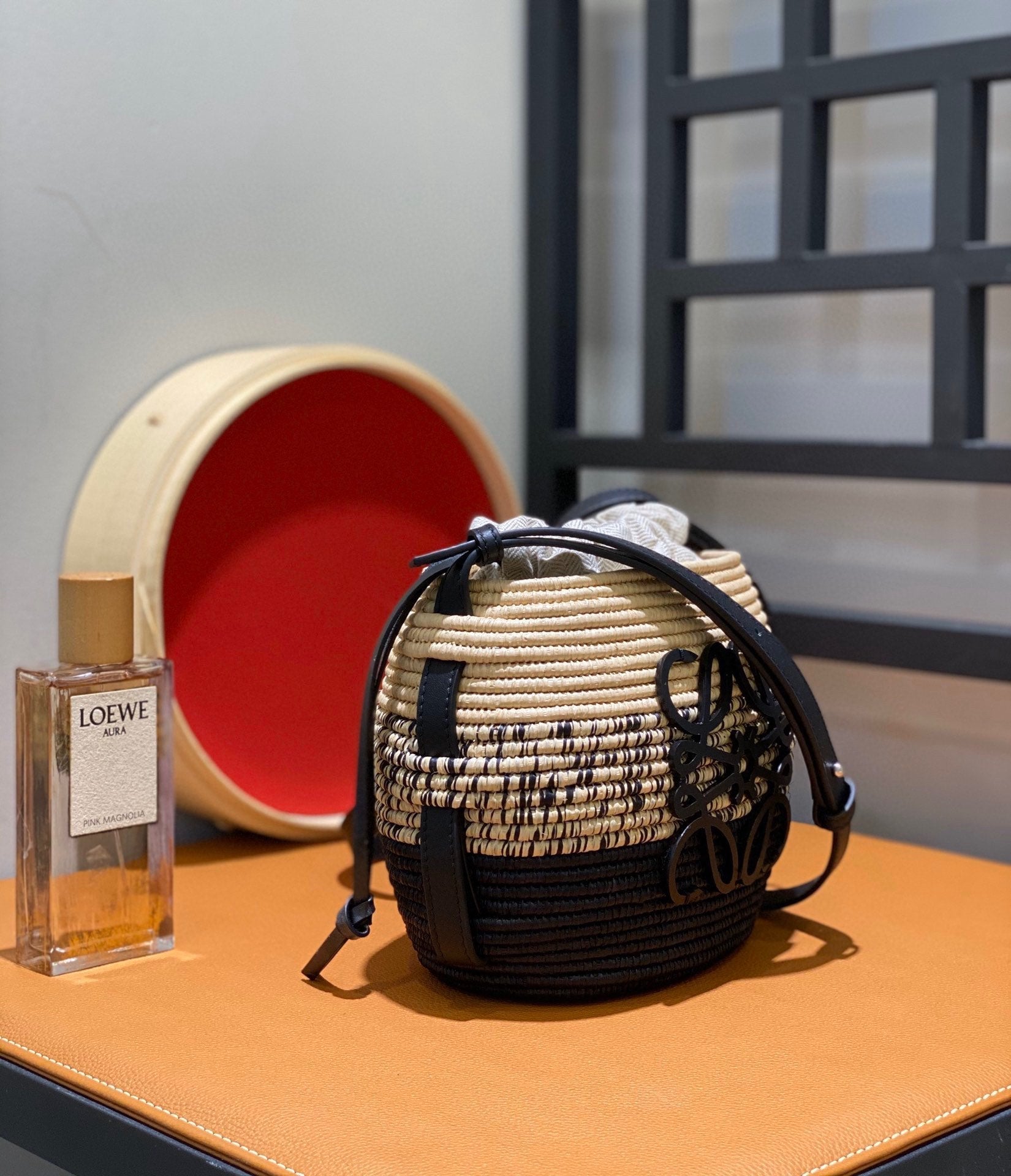 LOEWE LOE 18 ANAGRAM BASKET BAG IN BLACK AND NATURAL RAFFIA