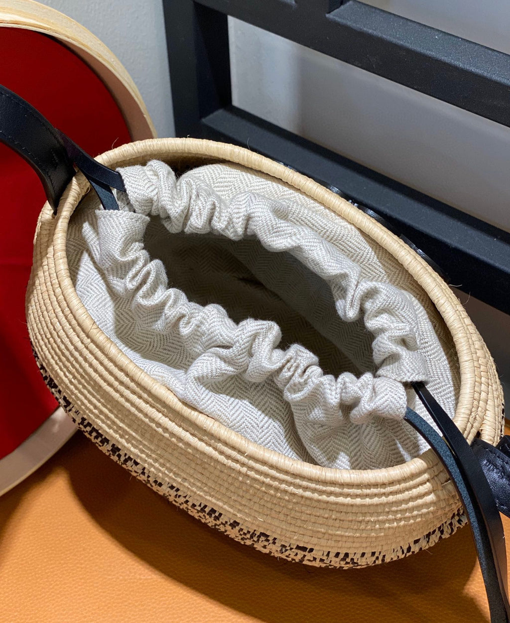 LOEWE LOE 18 ANAGRAM BASKET BAG IN BLACK AND NATURAL RAFFIA