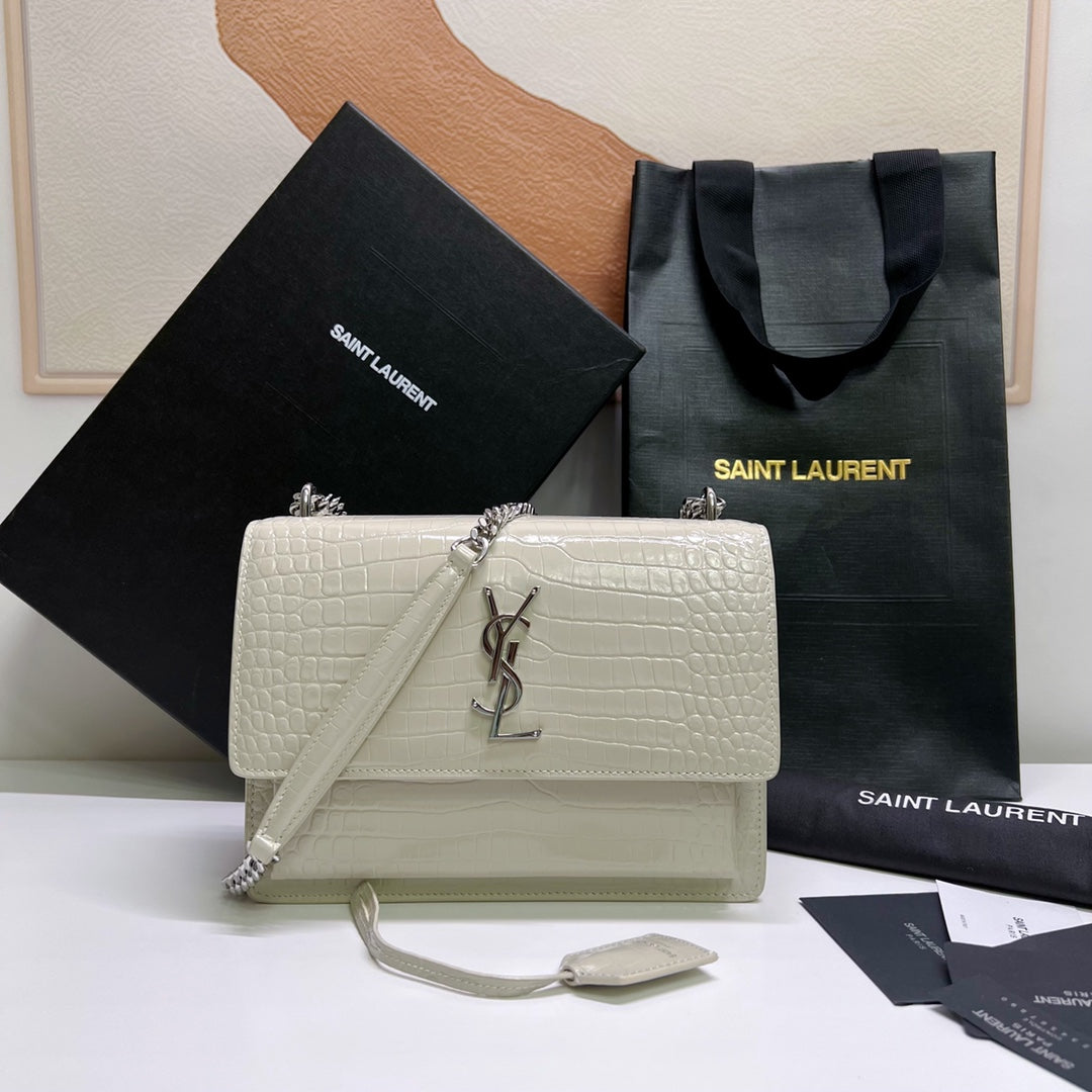 SAINT LAURENT SUNSET MEDIUM 22 IN WHITE CROCODILE PATTERN CALFSKIN SILVER HARDWARE