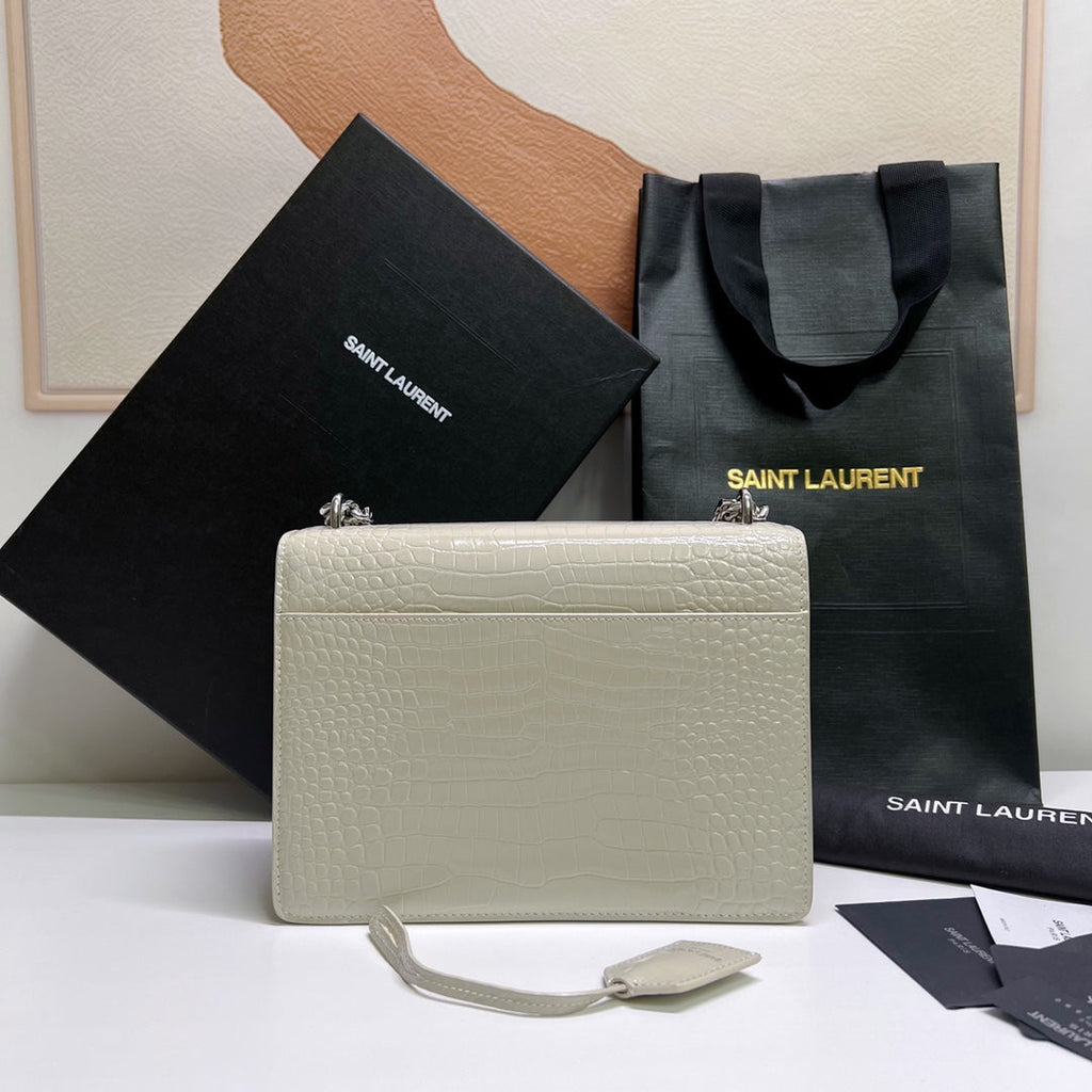 SAINT LAURENT SUNSET MEDIUM 22 IN WHITE CROCODILE PATTERN CALFSKIN SILVER HARDWARE