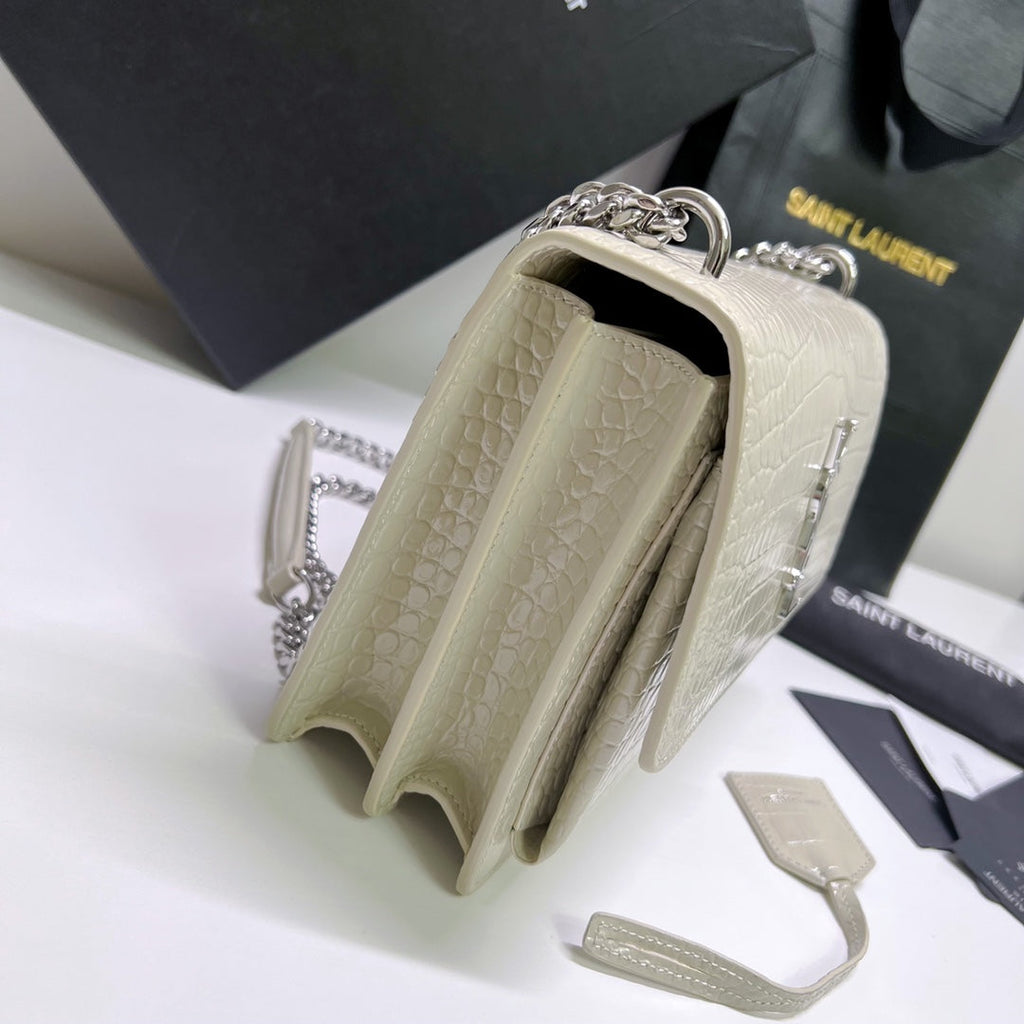 SAINT LAURENT SUNSET MEDIUM 22 IN WHITE CROCODILE PATTERN CALFSKIN SILVER HARDWARE