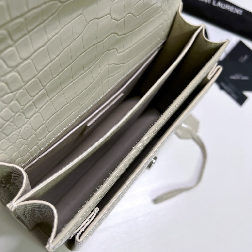 SAINT LAURENT SUNSET MEDIUM 22 IN WHITE CROCODILE PATTERN CALFSKIN SILVER HARDWARE