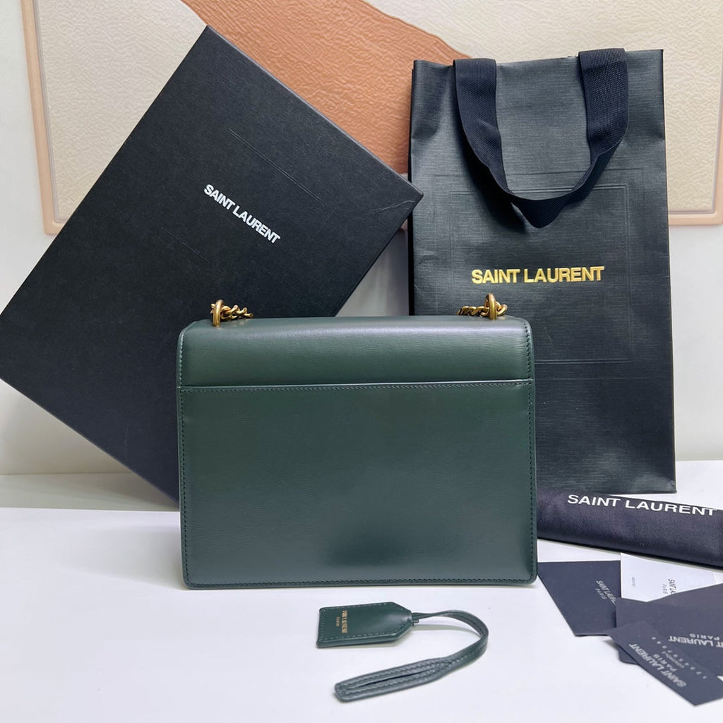 SAINT LAURENT SUNSET MEDIUM 22 IN DARK GREEN CALFSKIN GOLD HARDWARE