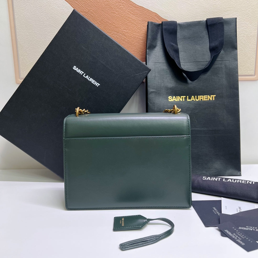 SAINT LAURENT SUNSET MEDIUM 22 IN DARK GREEN CALFSKIN GOLD HARDWARE