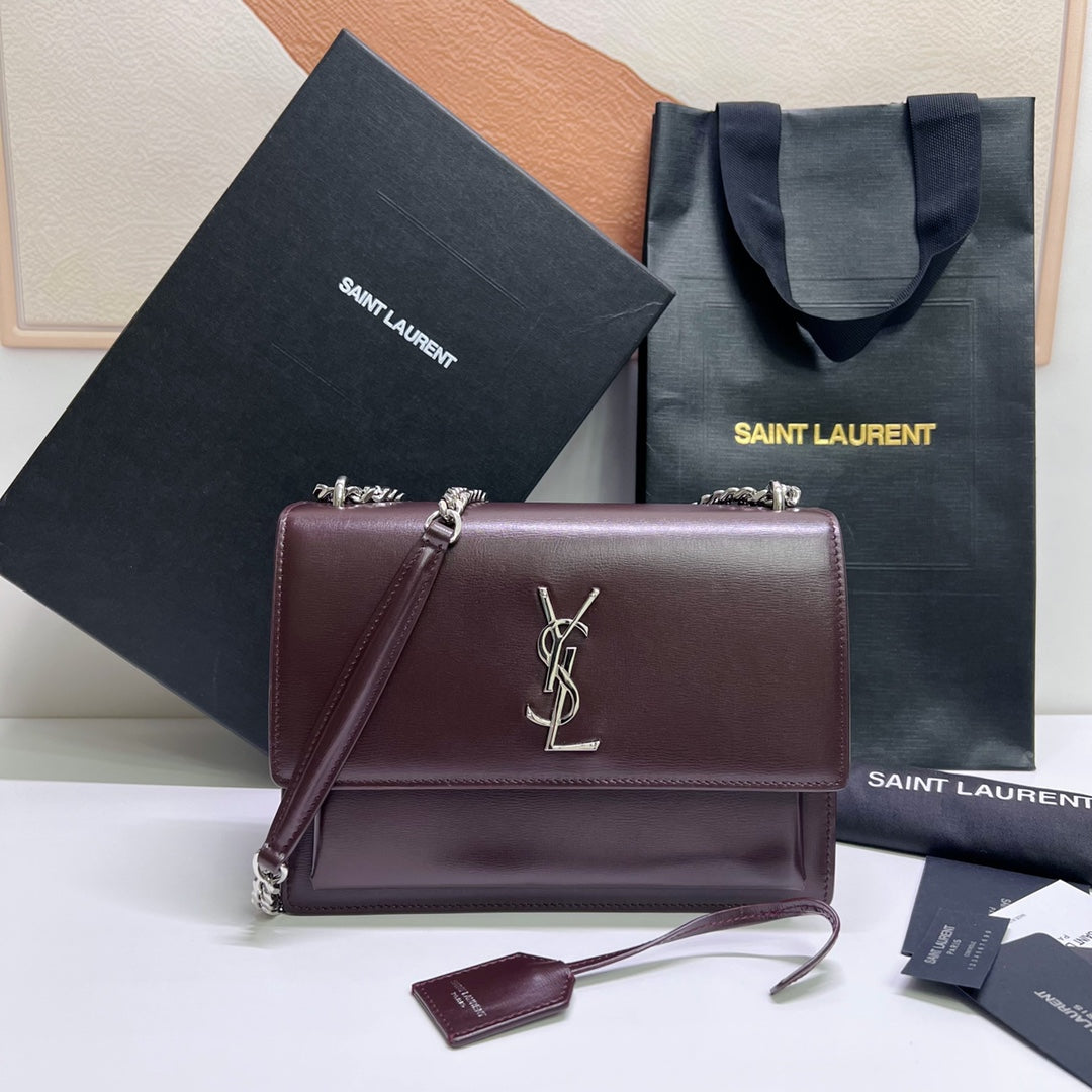 SAINT LAURENT SUNSET MEDIUM 22 IN MAROON CALFSKIN SILVER HARDWARE