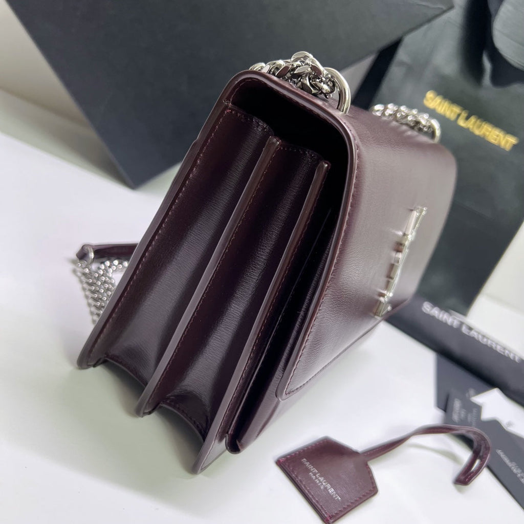 SAINT LAURENT SUNSET MEDIUM 22 IN MAROON CALFSKIN SILVER HARDWARE