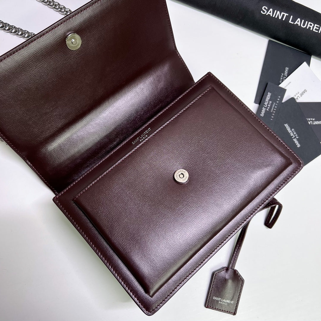 SAINT LAURENT SUNSET MEDIUM 22 IN MAROON CALFSKIN SILVER HARDWARE