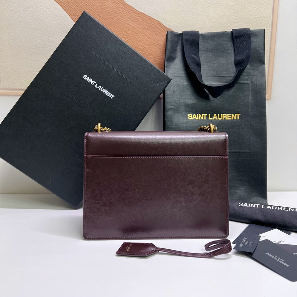 SAINT LAURENT SUNSET MEDIUM 22 IN MAROON CALFSKIN GOLD HARDWARE