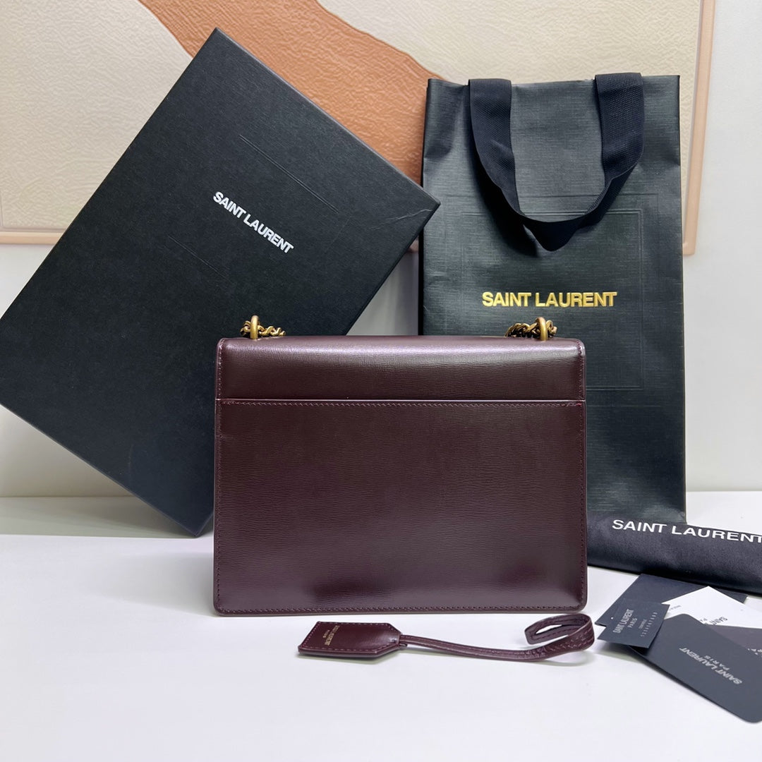 SAINT LAURENT SUNSET MEDIUM 22 IN MAROON CALFSKIN GOLD HARDWARE