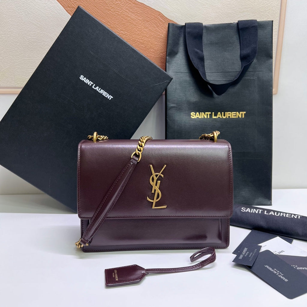 SAINT LAURENT SUNSET MEDIUM 22 IN MAROON CALFSKIN GOLD HARDWARE