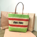 MIU MIU TOTE BAG 40 IN STRIPED PATTERN OF LIGHT GREEN RED AND CREAM WHITE WOVEN RAFFIA