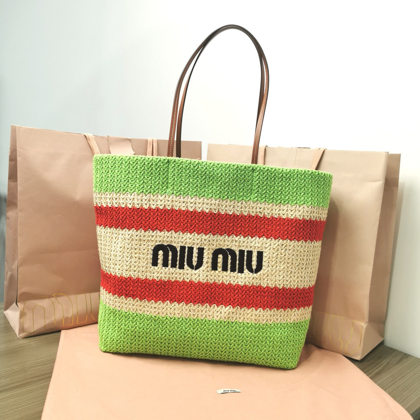 MIU MIU TOTE BAG 40 IN STRIPED PATTERN OF LIGHT GREEN RED AND CREAM WHITE WOVEN RAFFIA
