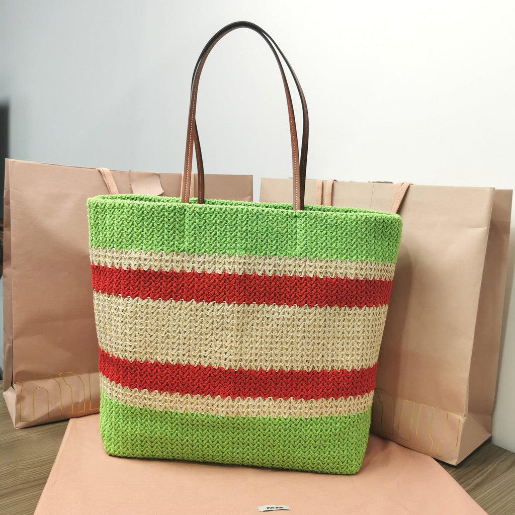 MIU MIU TOTE BAG 40 IN STRIPED PATTERN OF LIGHT GREEN RED AND CREAM WHITE WOVEN RAFFIA