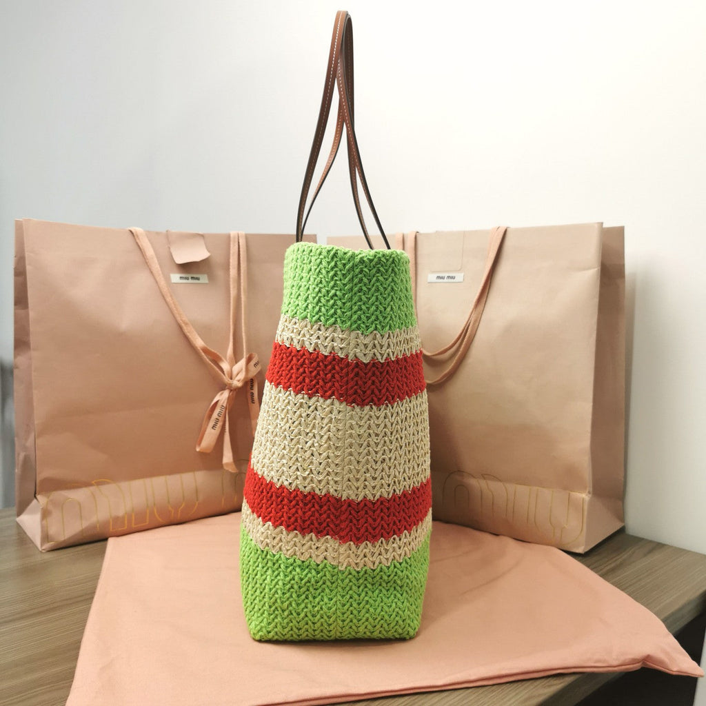 MIU MIU TOTE BAG 40 IN STRIPED PATTERN OF LIGHT GREEN RED AND CREAM WHITE WOVEN RAFFIA