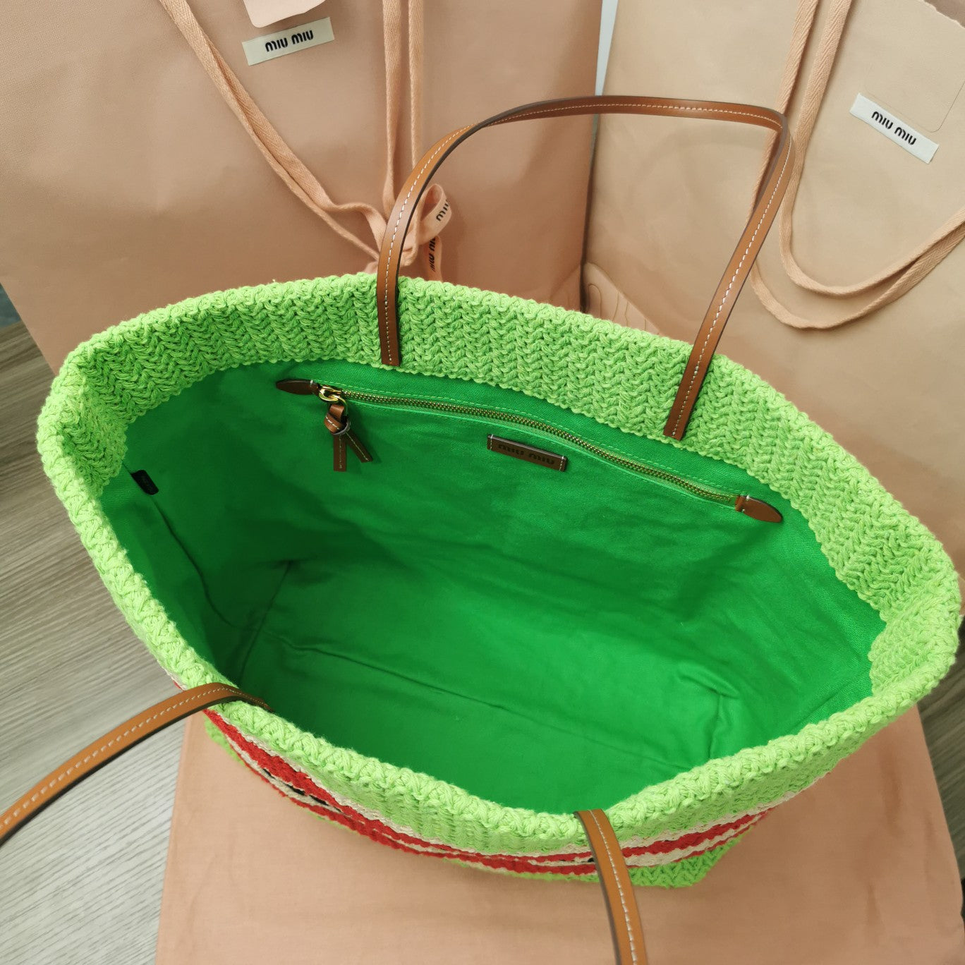 MIU MIU TOTE BAG 40 IN STRIPED PATTERN OF LIGHT GREEN RED AND CREAM WHITE WOVEN RAFFIA