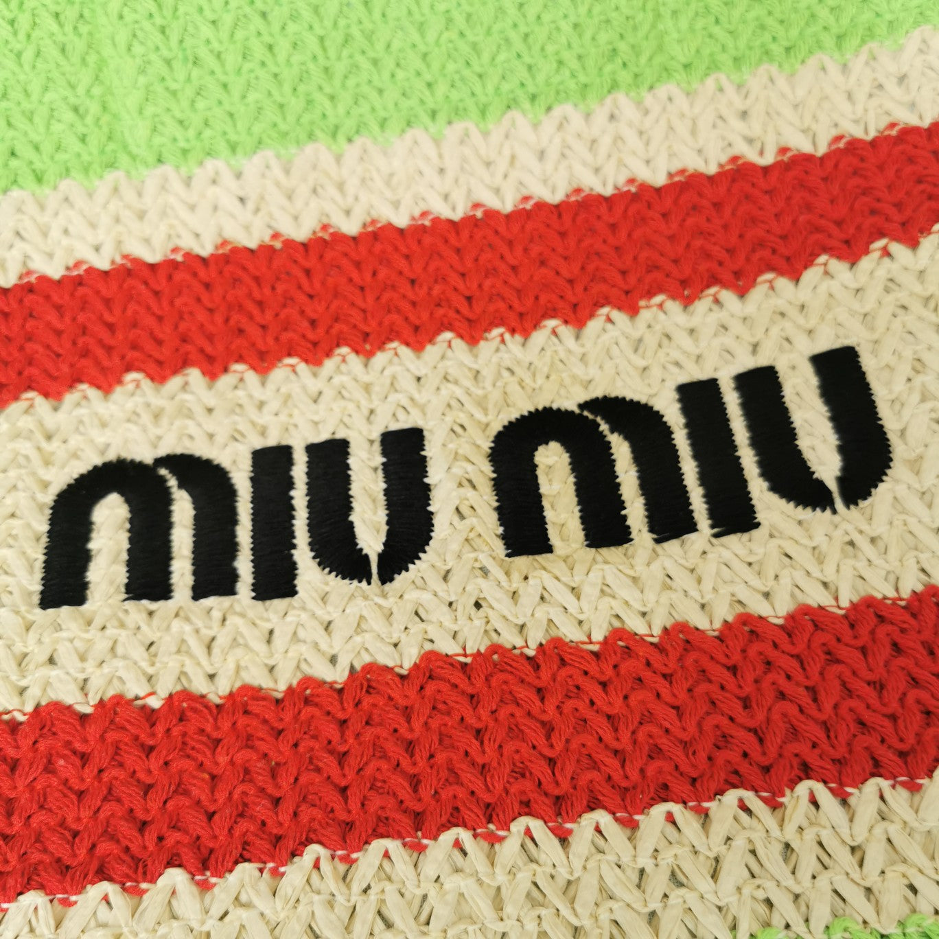 MIU MIU TOTE BAG 40 IN STRIPED PATTERN OF LIGHT GREEN RED AND CREAM WHITE WOVEN RAFFIA