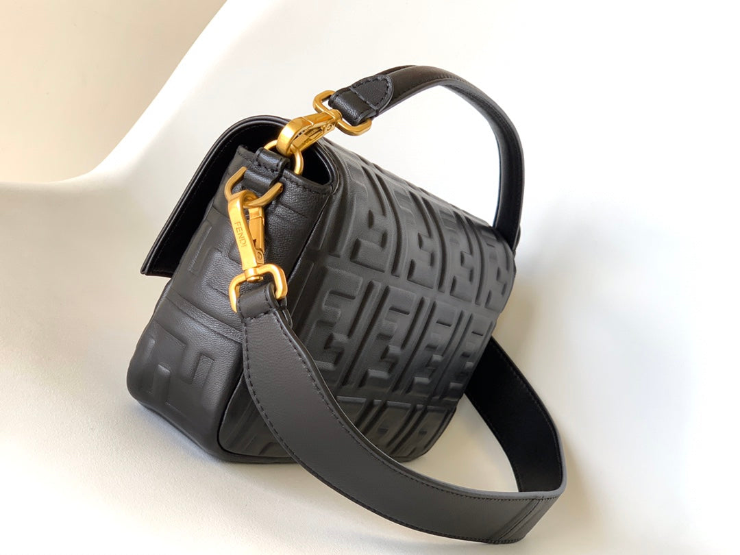 FENDI Fend Baguette 27 Bag With FF Motif Black Leather Ghw
