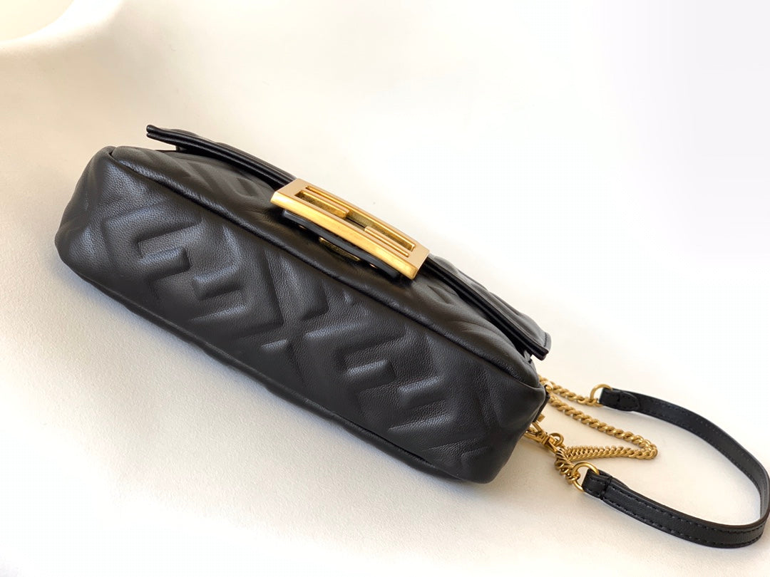 FENDI Mini Baguette Bag 20 With FF Motif Black Leather Ghw