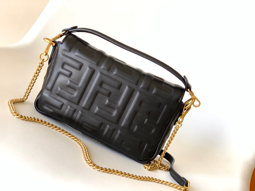 FENDI Mini Baguette Bag 20 With FF Motif Black Leather Ghw