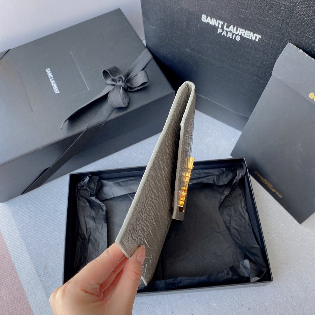 SAINT LAURENT UPTOWN POUCH 27 IN PASTEL GRAY CROCODILE-EMBOSSED SHINY CALFSKIN GOLD LOGO