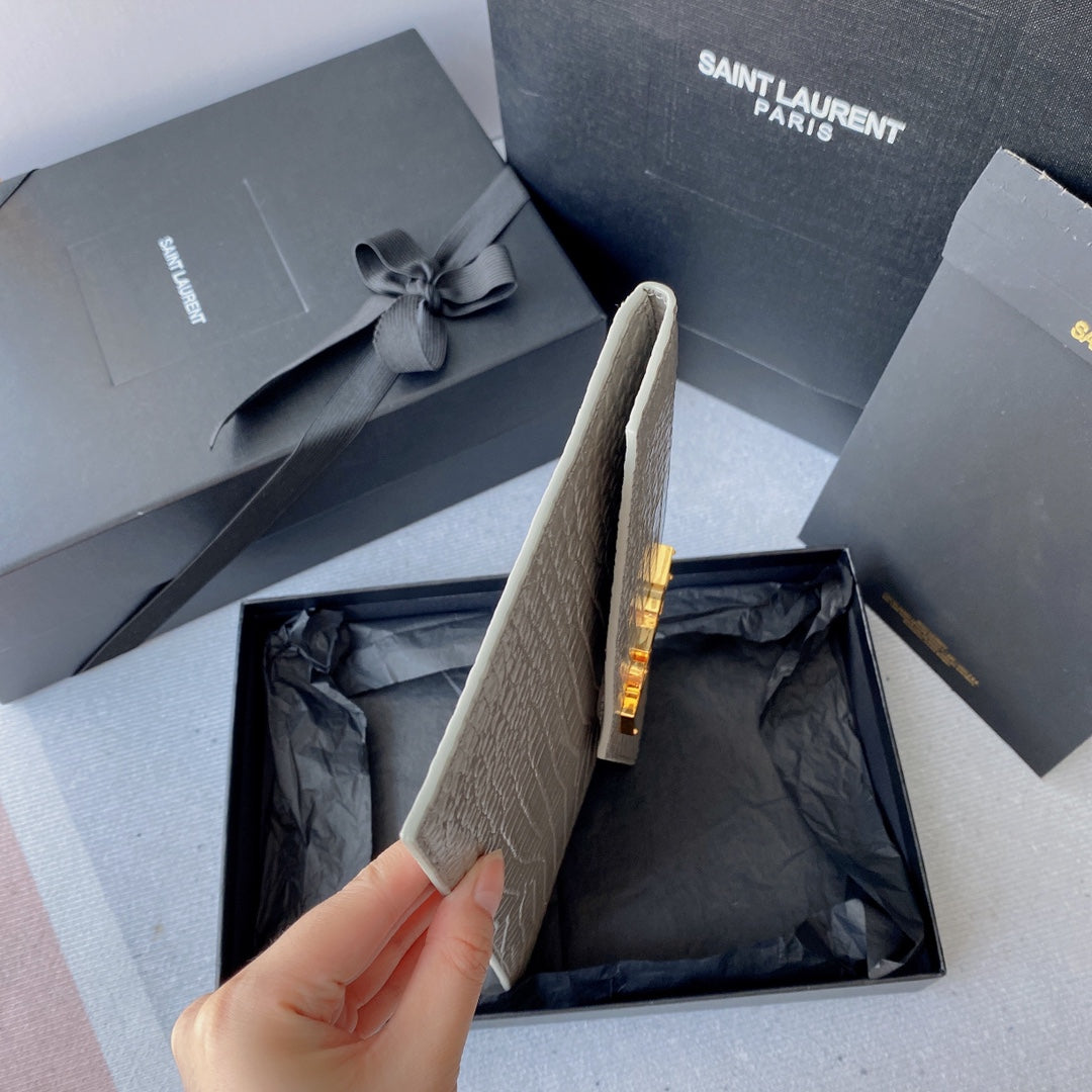SAINT LAURENT UPTOWN POUCH 27 IN PASTEL GRAY CROCODILE-EMBOSSED SHINY CALFSKIN GOLD LOGO