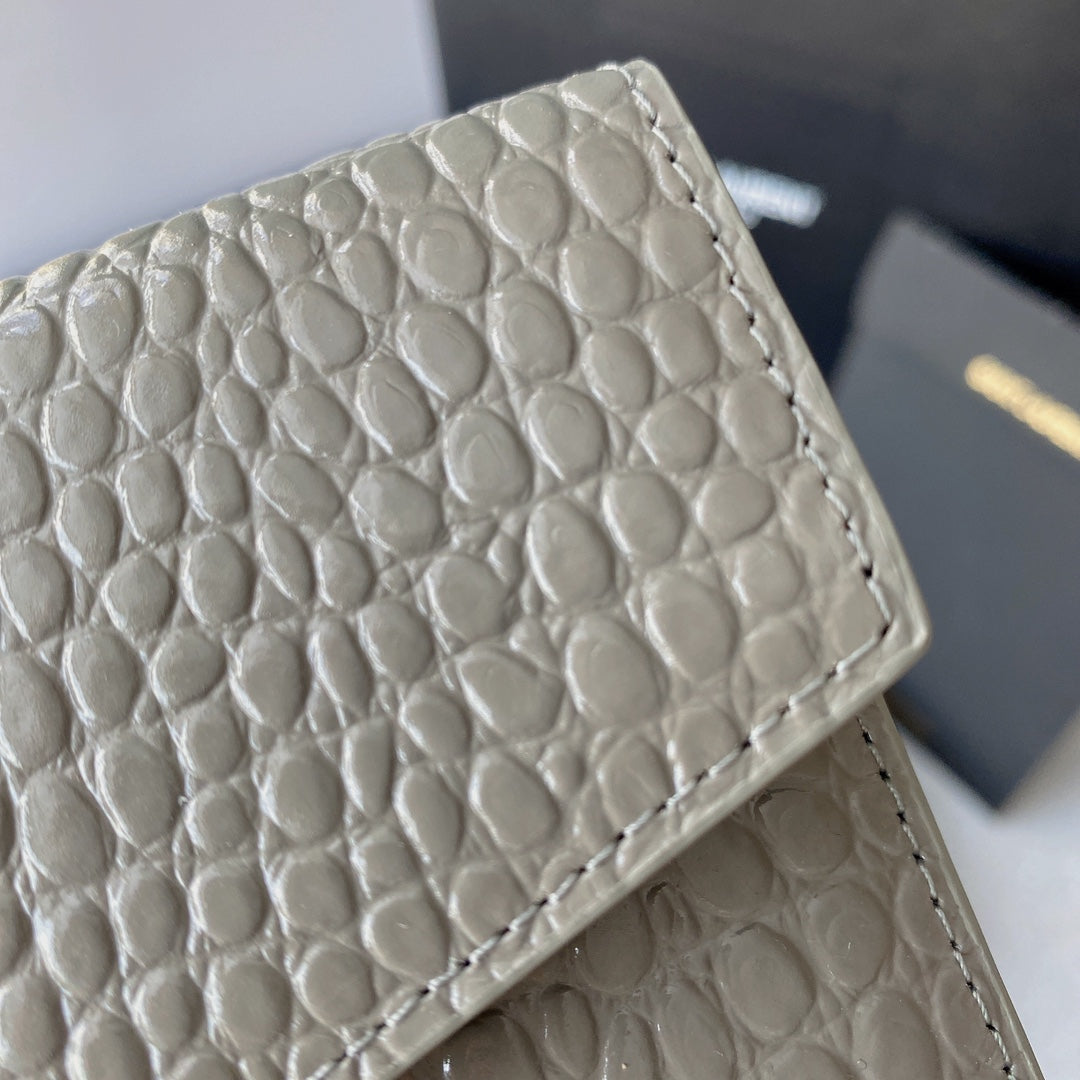 SAINT LAURENT UPTOWN POUCH 27 IN PASTEL GRAY CROCODILE-EMBOSSED SHINY CALFSKIN GOLD LOGO