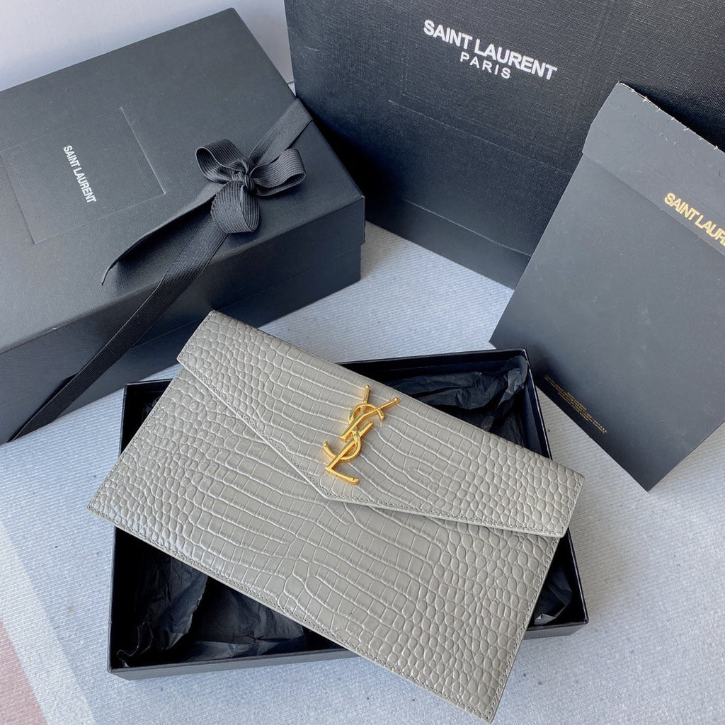 SAINT LAURENT UPTOWN POUCH 27 IN PASTEL GRAY CROCODILE-EMBOSSED SHINY CALFSKIN GOLD LOGO