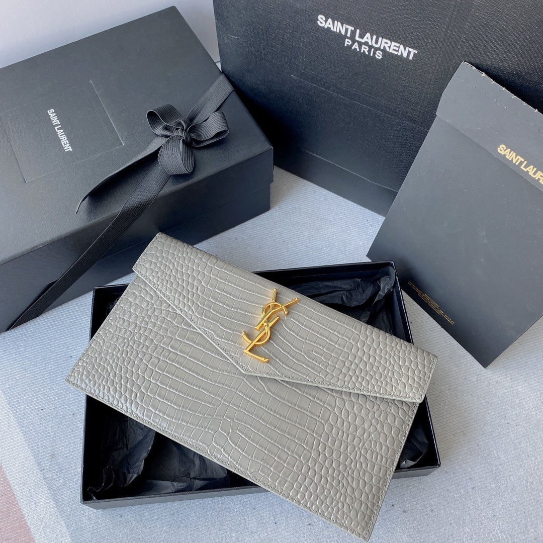 SAINT LAURENT UPTOWN POUCH 27 IN PASTEL GRAY CROCODILE-EMBOSSED SHINY CALFSKIN GOLD LOGO