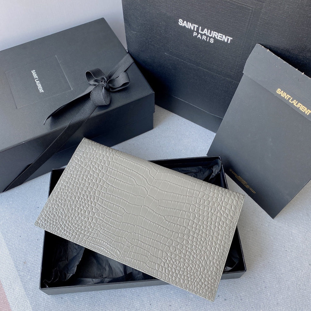SAINT LAURENT UPTOWN POUCH 27 IN PASTEL GRAY CROCODILE-EMBOSSED SHINY CALFSKIN GOLD LOGO